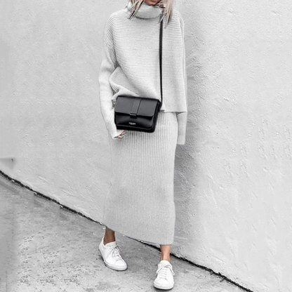 Women’s Two-Piece Sweater and Skirt Set – Ribbed Knit – Oversized Turtleneck – Slim Midi Skirt