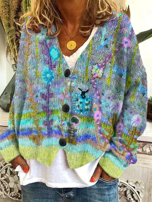 Women's colorful long sleeve cardigan with button closure