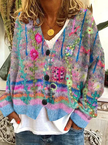 Women's colorful long sleeve cardigan with button closure