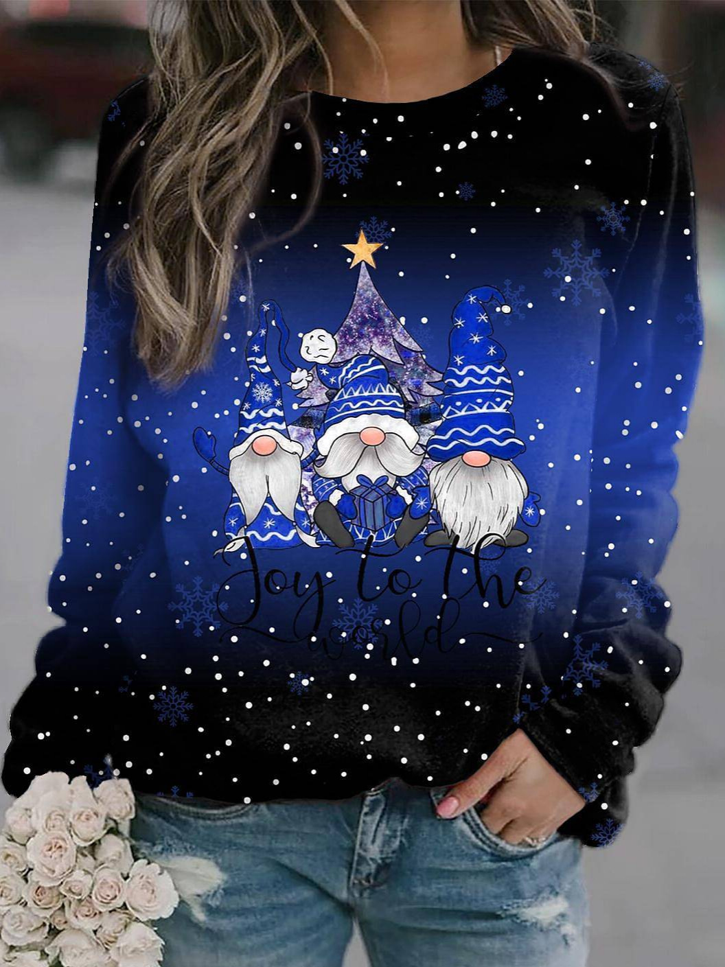 Women’s Sweatshirt – Loose Fit – Cotton Blend – Round Neck – Graphic Ombre Print – Ribbed Trim