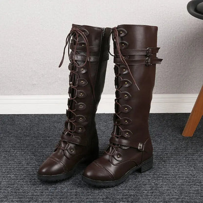 Women's knight low heel biker boots with belt buckle cross straps