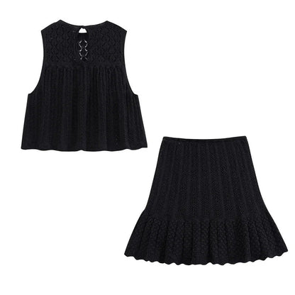 Women’s Sleeveless Knit Dress - Textured Open-Knit Top - Flared Skirt - Ruffled Hem
