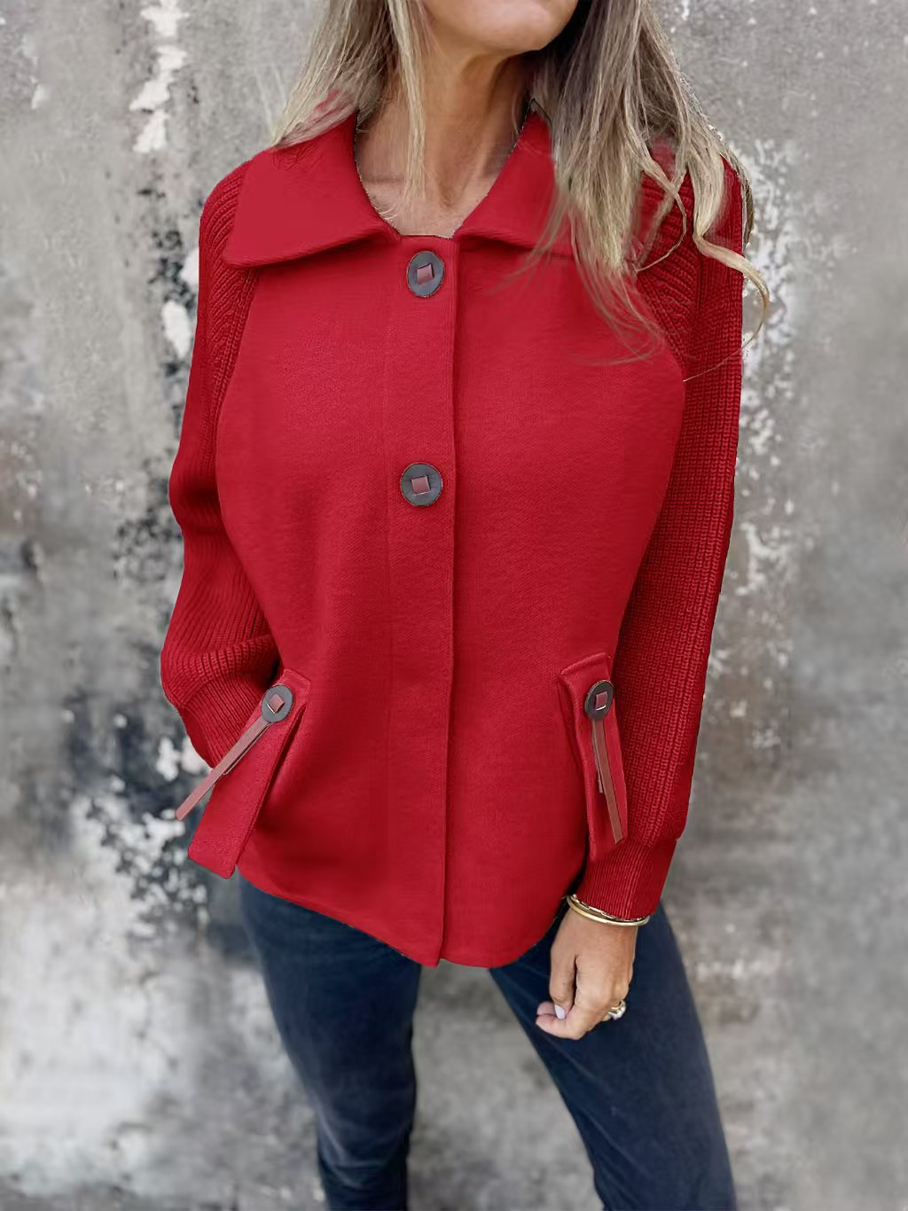 Women’s Jacket – Relaxed Fit – Wool Blend Body – Textured Knit Sleeves – Lapel Collar