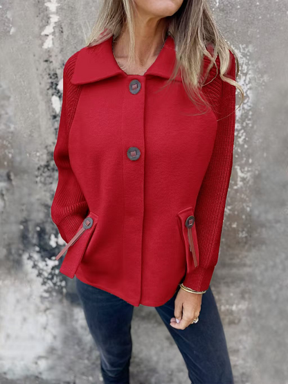 Women’s Jacket – Relaxed Fit – Wool Blend Body – Textured Knit Sleeves – Lapel Collar
