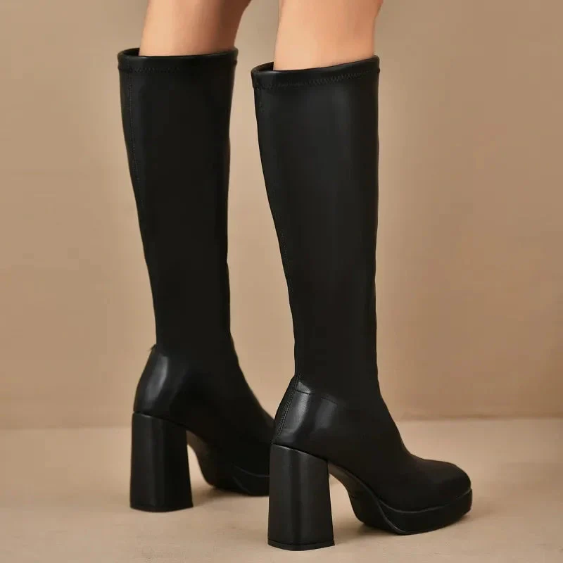 Stretch Fit Block Heel Knee-High Boots 