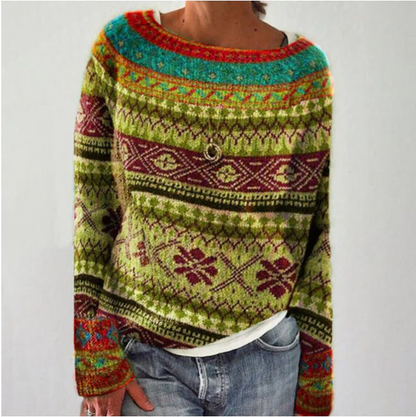 Women’s Sweatshirt – Relaxed Fit – Fuzzy Knit – Wide Neckline – Forest Graphic Pattern