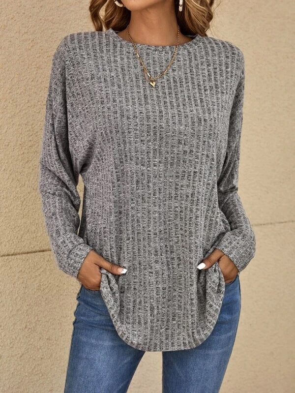 Ribbed Knit Relaxed Fit Pullover Top 