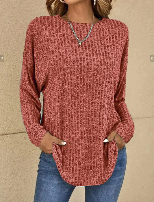 Ribbed Knit Relaxed Fit Pullover Top 