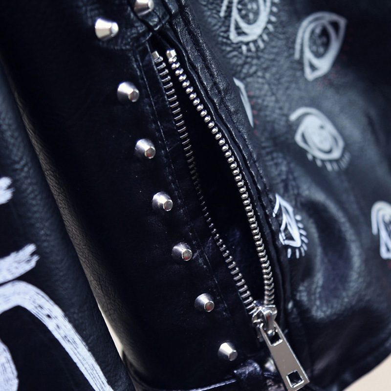 Women’s Motorcycle Jacket – Slim Fit – Cropped Leather – Rivets – Graphic Print