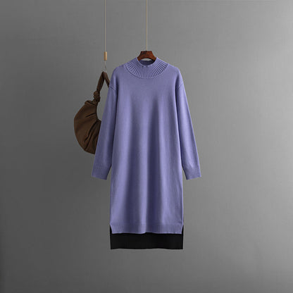 Women's knee-length half-high collar knitted sweater dress