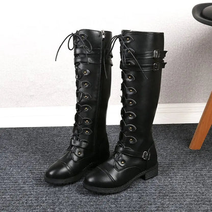 Women's knight low heel biker boots with belt buckle cross straps
