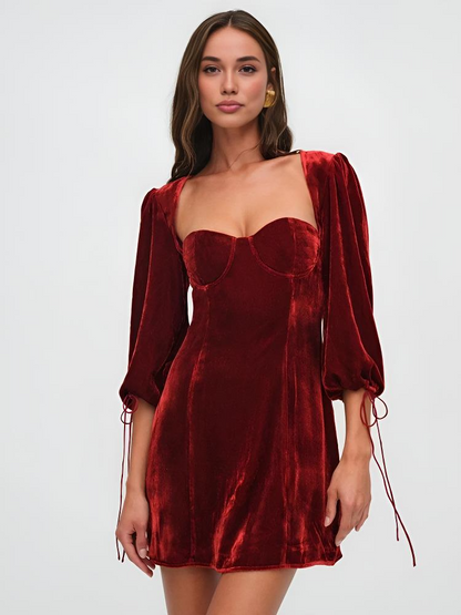 Women’s Mini Dress – Velvet Slim Fit – Puff Sleeve – Sweetheart Neck – Evening Wear