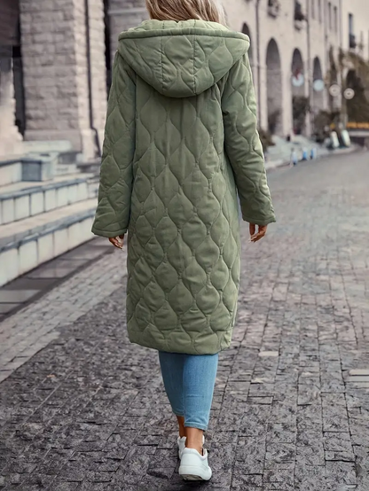 Women’s Quilted Coat – Hooded Long Length – Relaxed Fit – Lightweight Insulated Layer