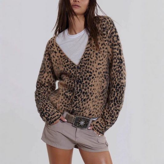 Brushed Texture Leopard Print Relaxed Fit Cardigan 