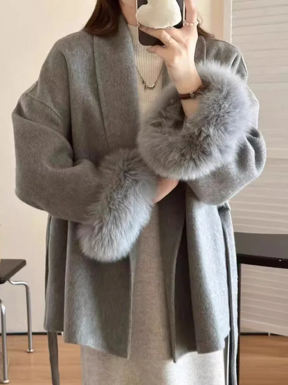 Women’s Wool Coat – Relaxed Fit – Belted Waist – Fur Trim Lapel and Cuffs