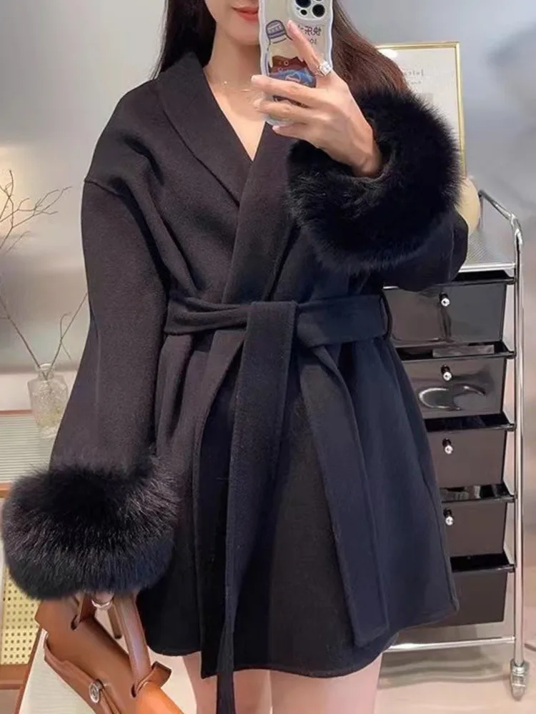 Women’s Wool Coat – Relaxed Fit – Belted Waist – Fur Trim Lapel and Cuffs