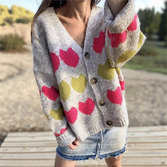 Wool Knit Relaxed Fit Heart Pattern Cardigan Sweater 
