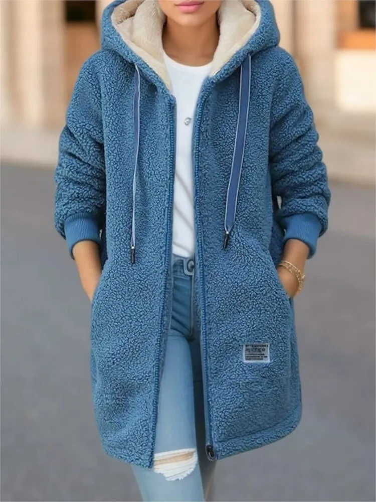 Women’s Mid-Length Coat – Sherpa Fleece – Loose Fit – Hooded with Zipper Closure