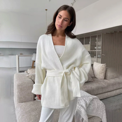 Women’s Knit Cardigan – Relaxed Fit – Wrap Belted Waist – Ribbed Texture – Hip Length