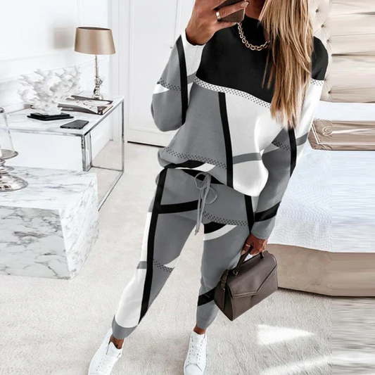 Two-Piece Geometric Pattern Relaxed Cotton Knit Lounge Set 