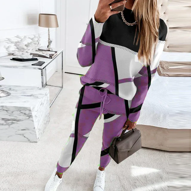 Women’s Two-Piece Lounge Set – Cotton Knit – Relaxed Fit – Geometric Pattern – Drawstring Waist