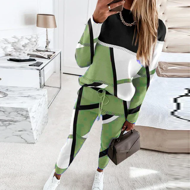 Two-Piece Geometric Pattern Relaxed Cotton Knit Lounge Set 