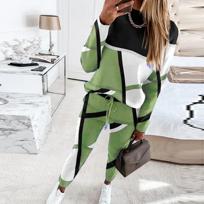 Women’s Two-Piece Lounge Set – Cotton Knit – Relaxed Fit – Geometric Pattern – Drawstring Waist