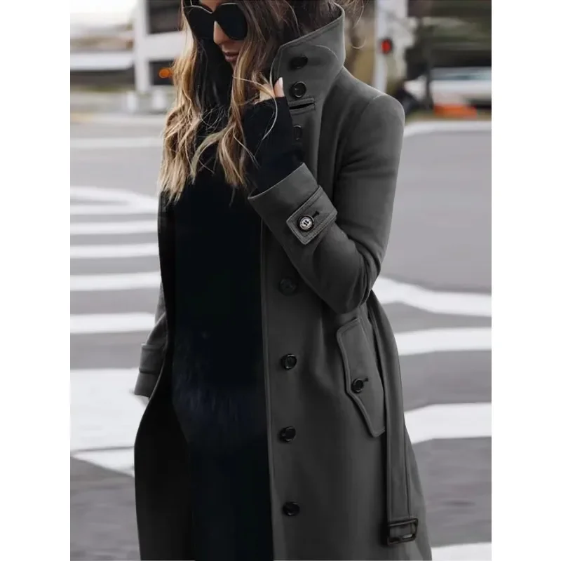 Women’s Wool Coat – Slim Fit – Single Breasted – Stand Collar – Full Length – Long Sleeve