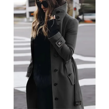 Women’s Wool Coat – Slim Fit – Single Breasted – Stand Collar – Full Length – Long Sleeve