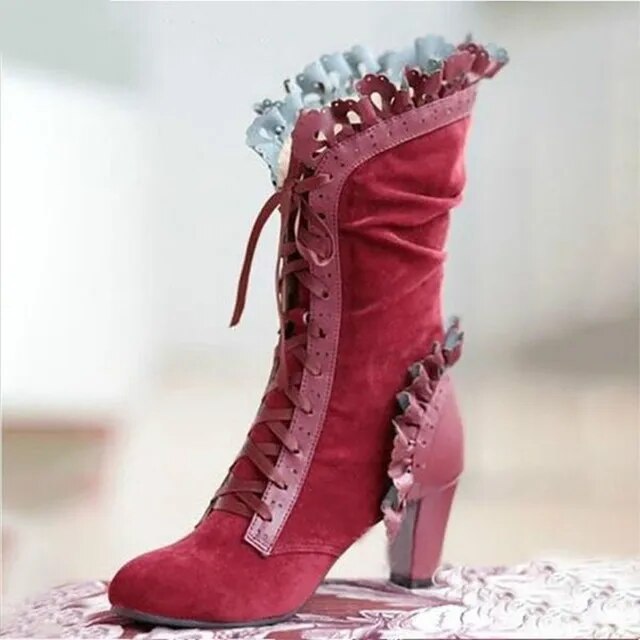 Women's faux leather lace-up block heel boots