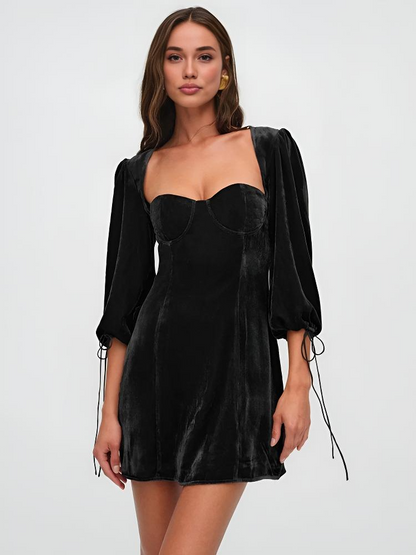 Women’s Mini Dress – Velvet Slim Fit – Puff Sleeve – Sweetheart Neck – Evening Wear