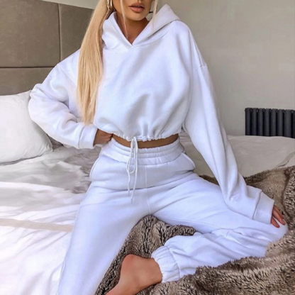 Women’s Two-Piece Tracksuit Set – Soft Fleece – Cropped Hoodie – Elastic Waist Joggers
