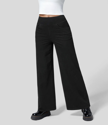 Women’s Wide Leg Pants – High Rise – Full Length Denim – Slim Waist Fit – Front Pockets