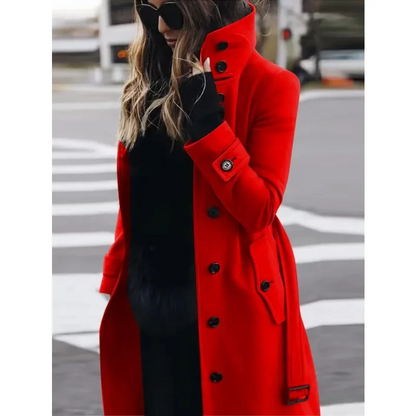 Women’s Wool Coat – Slim Fit – Single Breasted – Stand Collar – Full Length – Long Sleeve