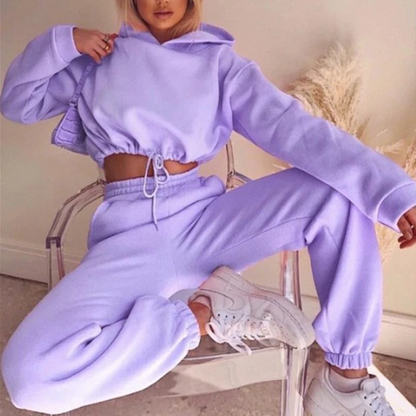 Women’s Two-Piece Tracksuit Set – Soft Fleece – Cropped Hoodie – Elastic Waist Joggers