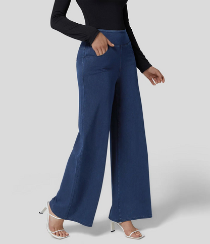 Women’s Wide Leg Pants – High Rise – Full Length Denim – Slim Waist Fit – Front Pockets