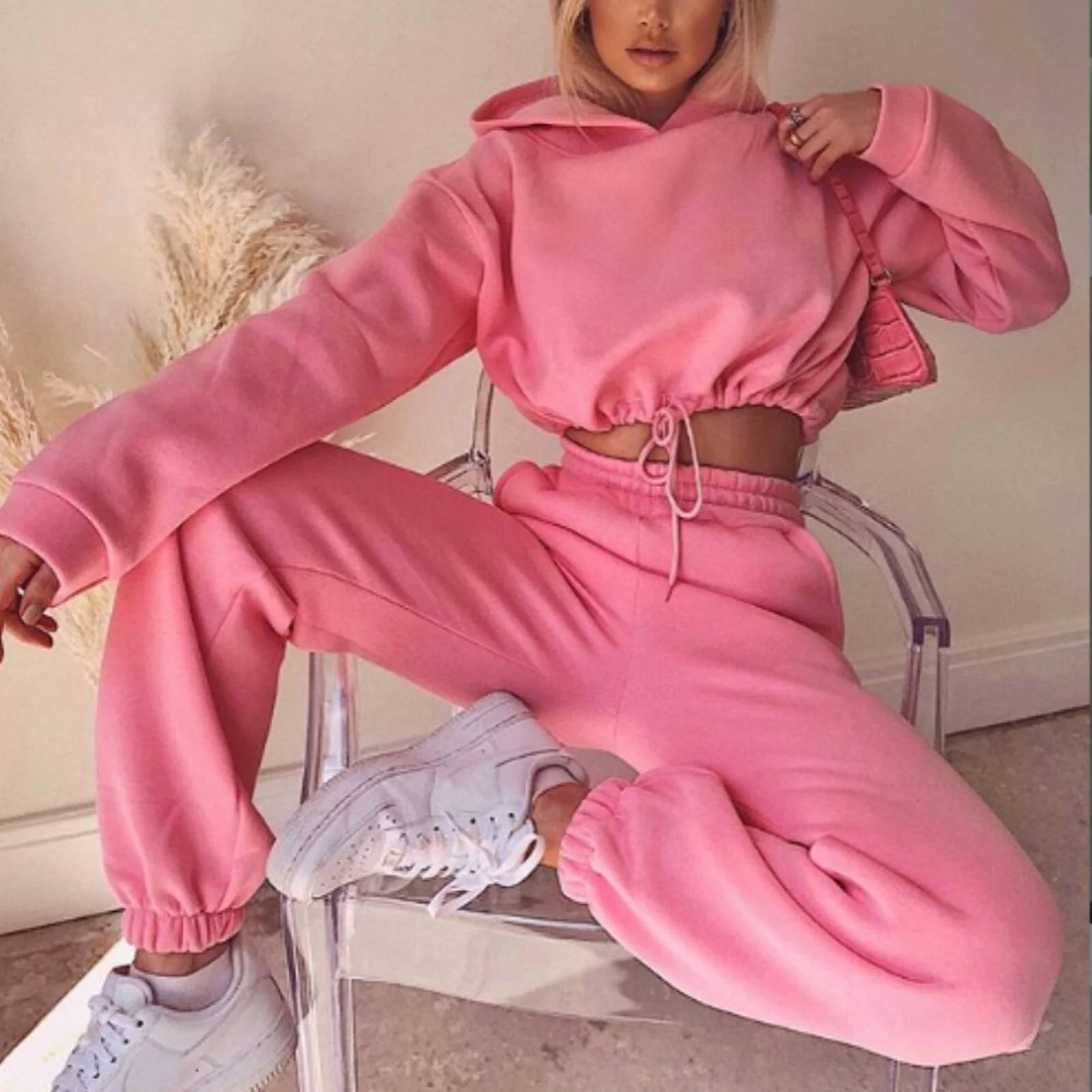 Soft Fleece Cropped Hoodie Tracksuit Set 