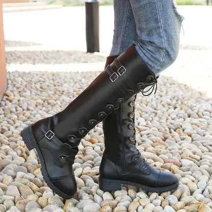 Women's knight low heel biker boots with belt buckle cross straps