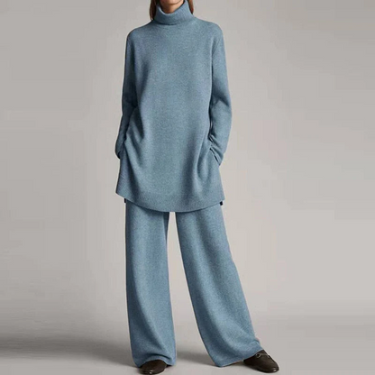 Women’s Two-Piece Loungewear Set – Knit Fabric – Oversized Turtleneck Top – Wide-Leg Pants