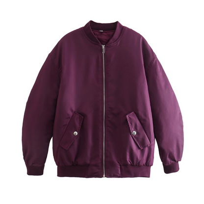 Women’s Bomber Jacket - Woven Blend - Oversized Fit - Hip Length - Ribbed Collar & Cuffs