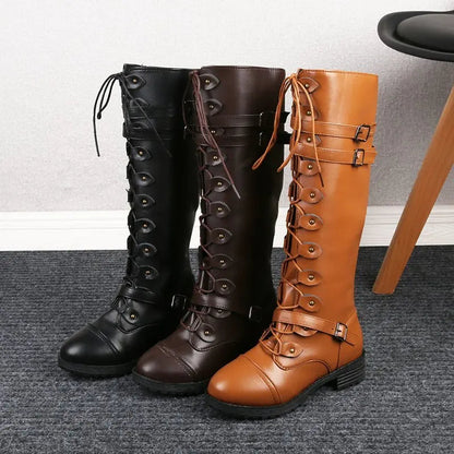 Women's knight low heel biker boots with belt buckle cross straps