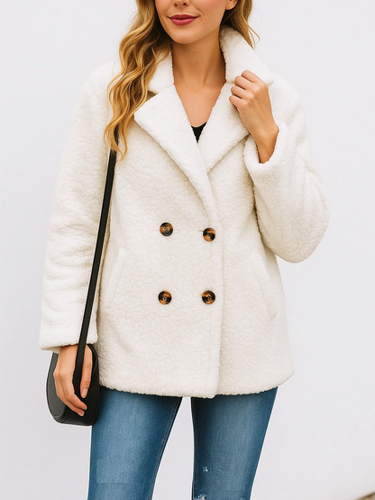Women’s Fleece Jacket – Sherpa Texture – Relaxed Fit – Double-Breasted Lapel Style