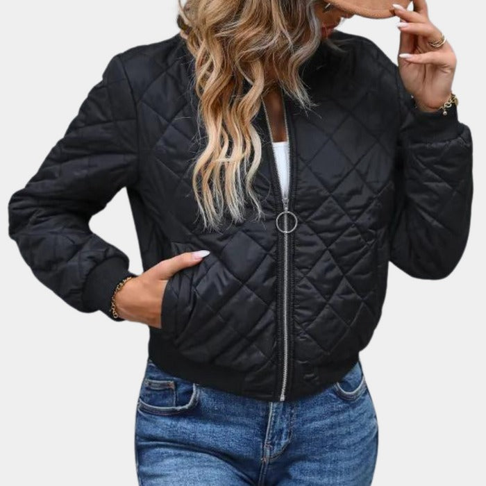 Quilted Fitted Zip Front Bomber Jacket 