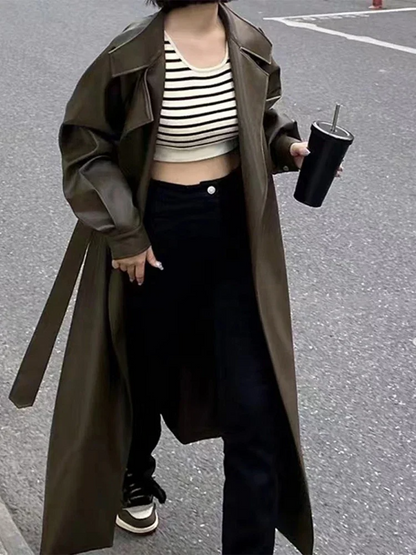 Women’s Long Coat – Faux Leather – Tailored Fit – Notched Lapel – Full Length