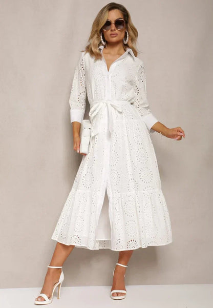 Women’s Midi Dress – Broderie Anglaise – Relaxed Fit – Belted Waist – Long Sleeve