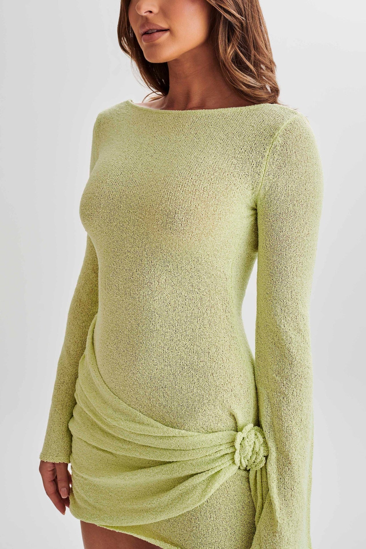 Women’s Mini Dress – Slim Fit – Textured Knit – High Neck – Ruched Side – Long Sleeve