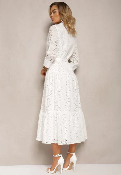 Women’s Midi Dress – Broderie Anglaise – Relaxed Fit – Belted Waist – Long Sleeve