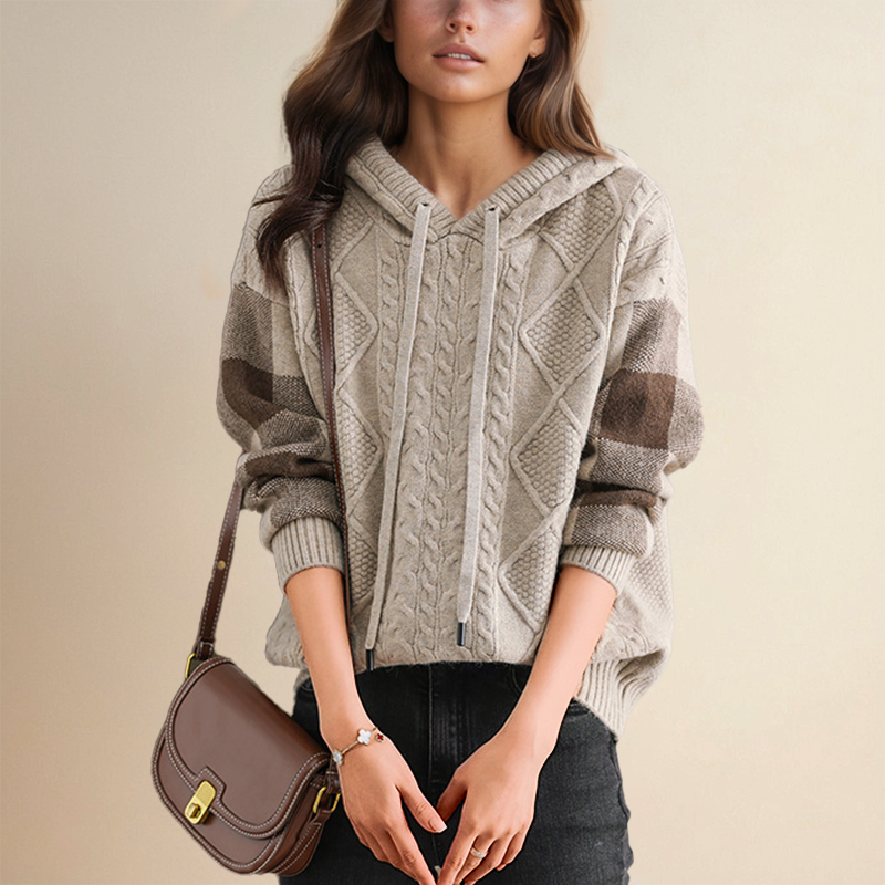 Women's casual hooded loose knit long sleeve with drawstring