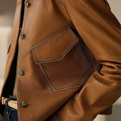 Women’s Faux Leather Jacket – Tailored Fit – Button Front – Classic Collar – Flap Pockets