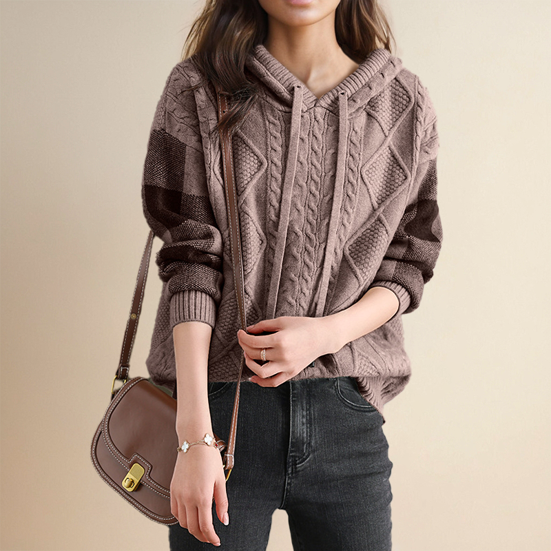 Women's casual hooded loose knit long sleeve with drawstring